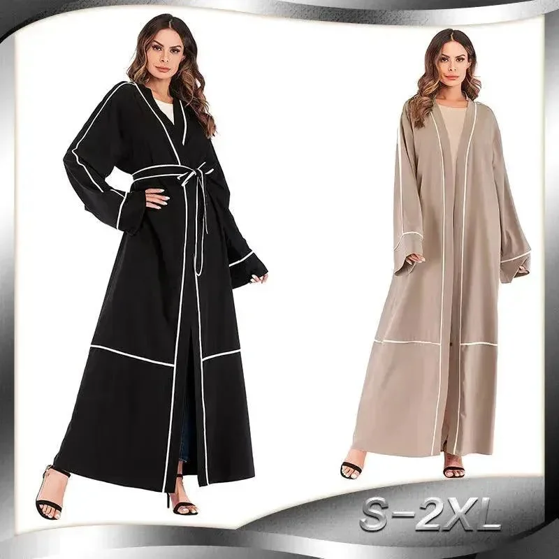 Contrast Striped Cardigan Arab  Robe Fleece Cardigan Nylon Polyester