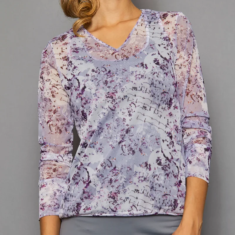 DENISE CRONWALL - SPF 40+ Rhapsody V-neck Pullover - WHITE /PRINT Over Sleeve Pullover