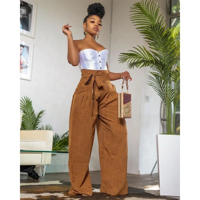 OUDINA New Arrivals Casual Pants For Women Long Trousers High Waist Belt Drawstring Wide Leg Pants Trousers luxurious premium OUDINA New Arrivals Casual Pants For Women Long Trousers High Waist Belt Drawstring Wide Leg Pants Trousers luxurious premium