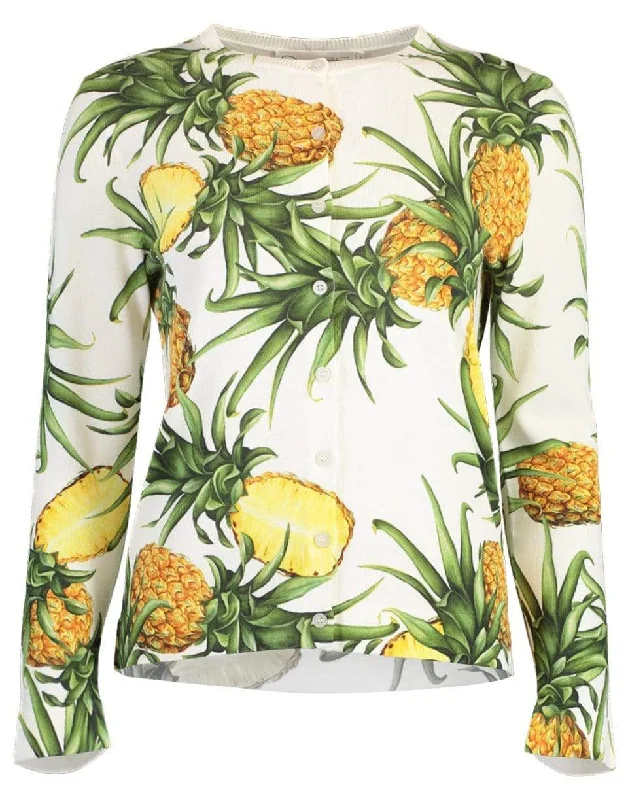 Pineapple Print Long Sleeve Crew Neck Cardigan Embroidered Appliqued Beaded