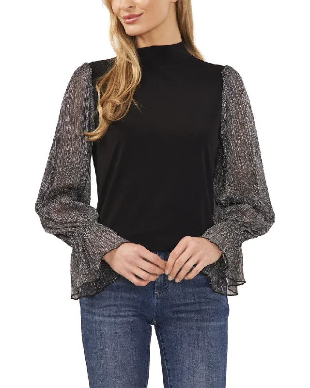 Cece Mock Neck Mixed Media Knit Top Ruby Red Knit Shirt