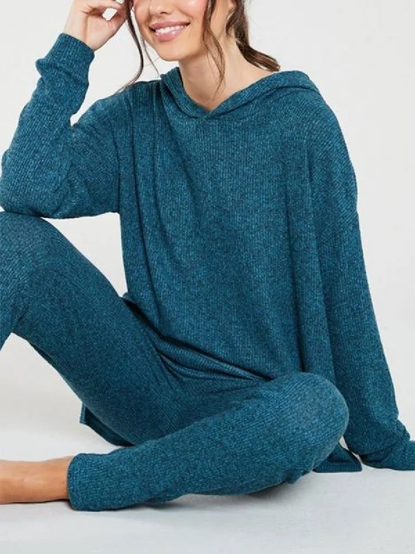 Teal Casual Loose Pullover Two Piece Set Keyhole Neck Pullover