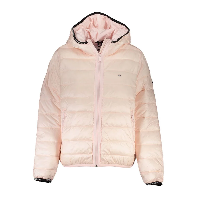 Pink Polyester Women Jacket Stand-Up Collar Roll-Neck Collar Turtle Neck