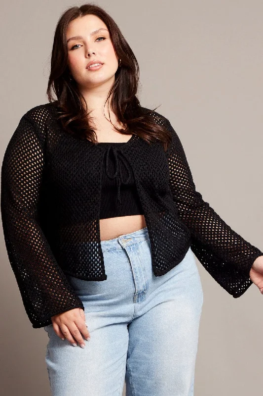 Black Crochet Cardigan Long Sleeve V-neck Tie Up Glossy Satin Silk