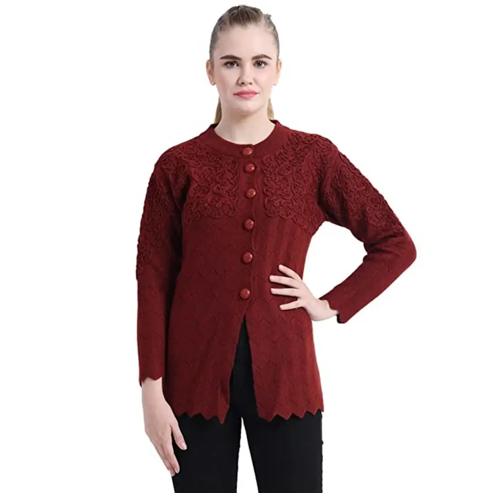 Stylish Maroon Woolen Button Closure Cardigan For Women Transparent Opaque Sheer