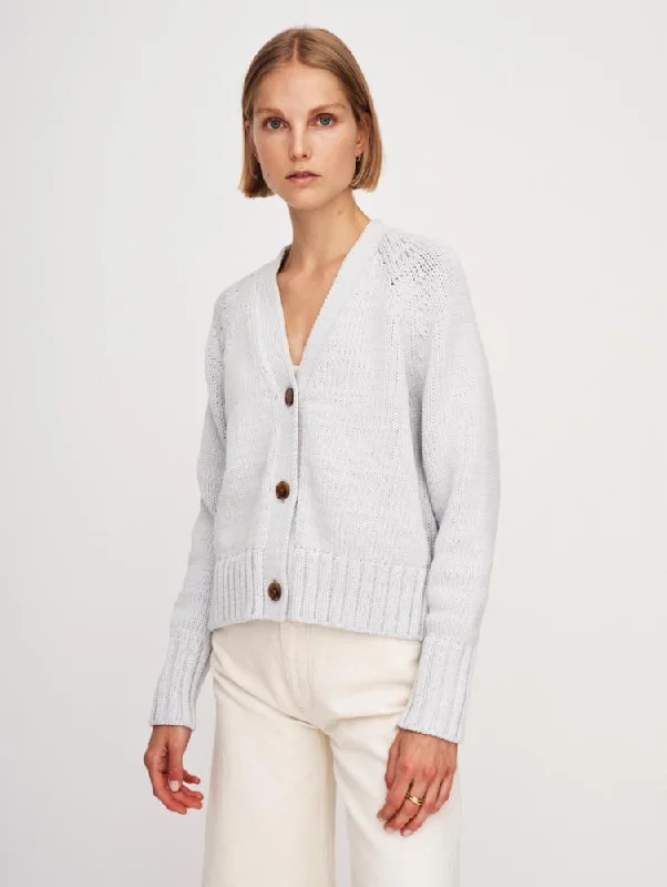 White + Warren Cotton Rope Cardigan in Pale Grey Houndstooth Herringbone Solid