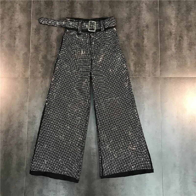 OUDINA Trendy New Full Long Trousers With Belt Casual Ladies Shiny Sequins Pant Women Wide Leg Pants Trousers Timeless Classic OUDINA Trendy New Full Long Trousers With Belt Casual Ladies Shiny Sequins Pant Women Wide Leg Pants Trousers Timeless Classic