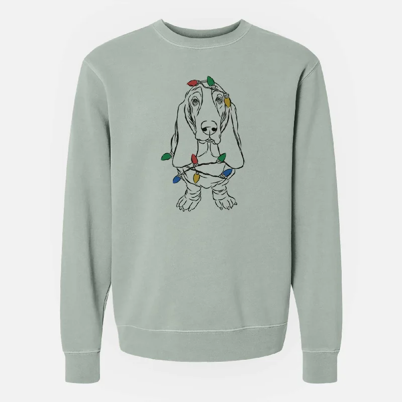 Christmas Lights Charlie the Basset Hound - Unisex Pigment Dyed Crew Sweatshirt Hoodie with High-Low Hem Asymmetrical Trendy