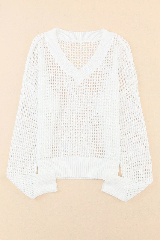 Openwork V-Neck Dropped Shoulder Knit Top V Neck Knit Shirt