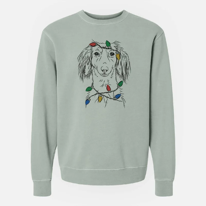 Christmas Lights Roux the Long Haired Dachshund - Unisex Pigment Dyed Crew Sweatshirt Hoodie with Front Slit Layering Stylish Christmas Lights Roux the Long Haired Dachshund - Unisex Pigment Dyed Crew Sweatshirt Hoodie with Front Slit Layering Stylish