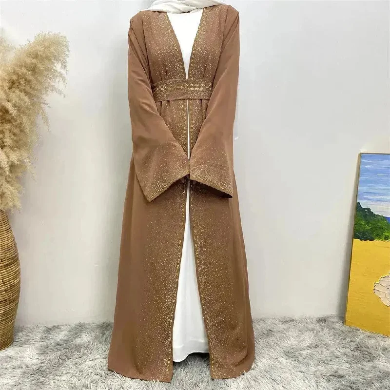 Rhinestone Lace-up Cardigan Abaya Dress for Arab Dubai Turkey Middle East Women Crew Neck V-Neck Turtle Neck