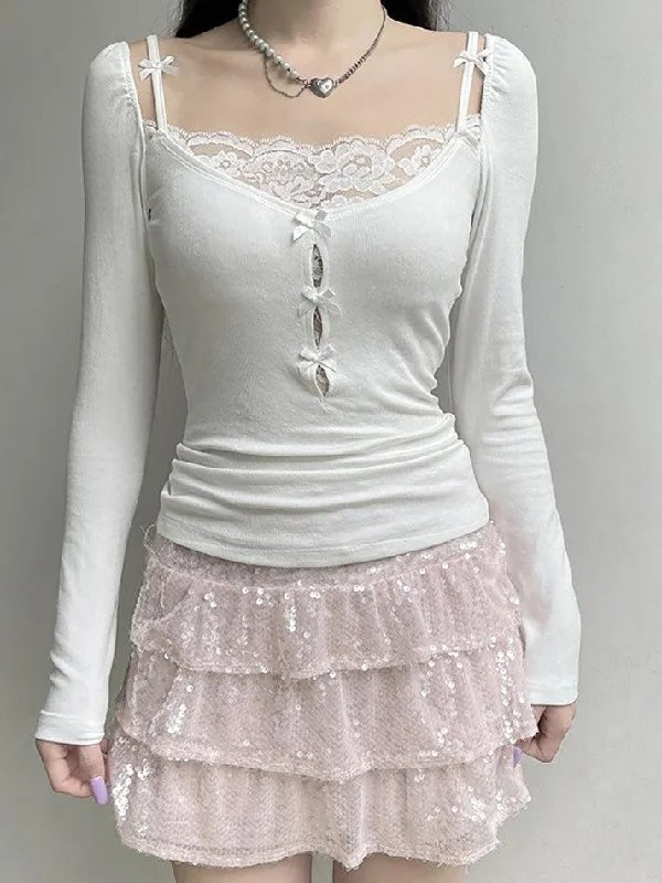 Lace Bow Hollow Long Sleeve Knit Top Boutique Knit Tee