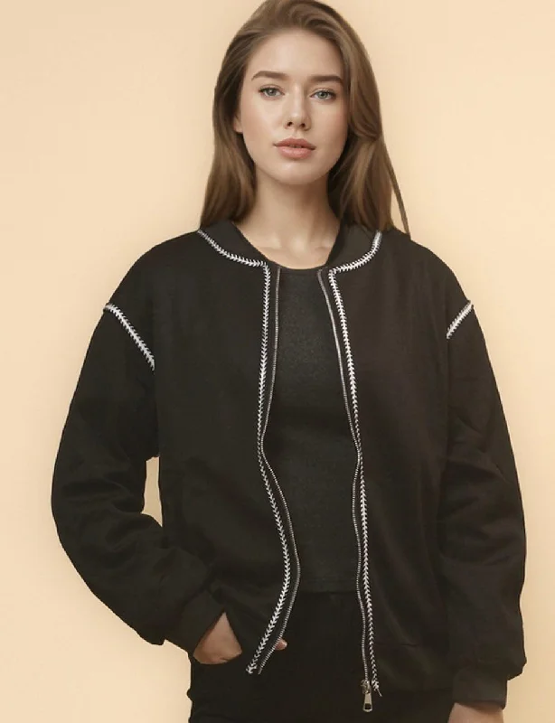 Ladies Color Block Zip Baseball Jacket SKT4716 Notch Collar Peter Pan Collar Cowl Neck
