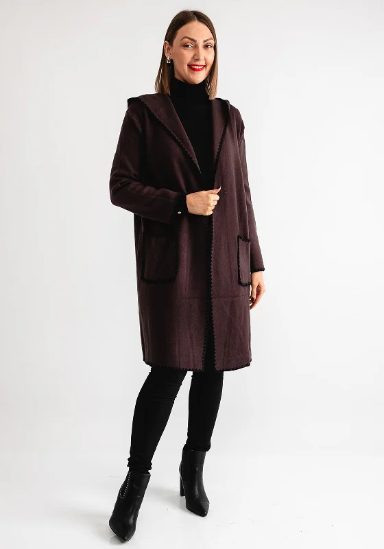 Serafina Collection Scallop Trim Knit Cardigan, Brown Boat Neck Shawl Collar Notched Collar