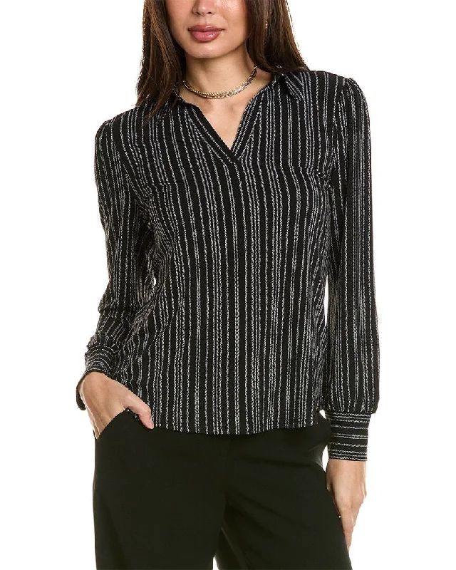 Adrianna Papell Collared V-Neck Knit Top Dark Color Knit Blouse