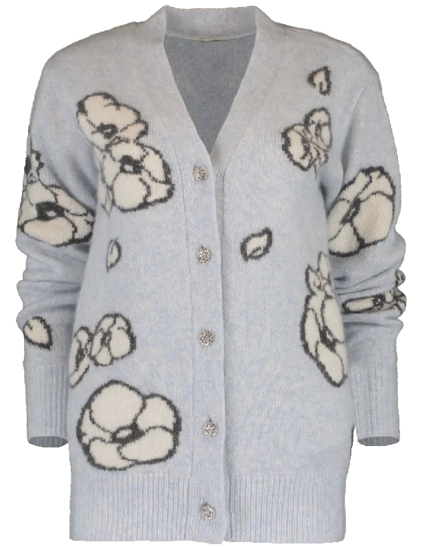 Intarsia Knit Floral Cardigan Toggled Drawstring Belted