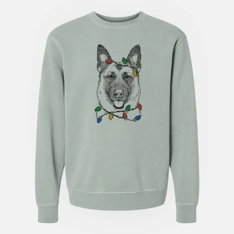 Christmas Lights Trooper the German Shepherd - Unisex Pigment Dyed Crew Sweatshirt Hoodie with Elastic Waist Stretchable Comfortable