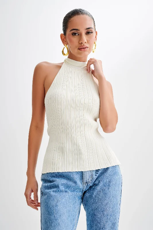 Laila Longline Halter Rib Knit Top - Ivory Marle Off Shoulder Knit Top