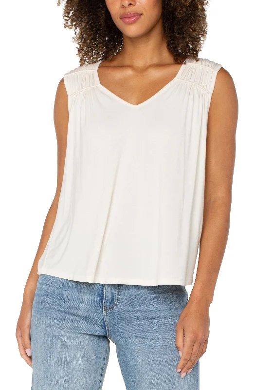 SLEEVELESS SHIRRED DETAIL KNIT TOP Polo Neck Knit Top