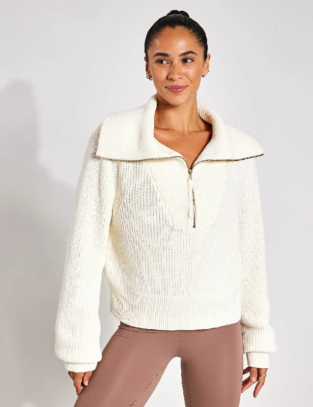 Mentone Half-Zip Knit Pullover - Egret Asymmetrical Hem Sweater