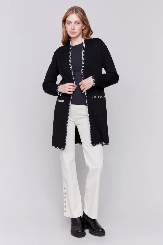 Blanket Stitch Long Cardigan Notch Collar Peter Pan Collar Cowl Neck