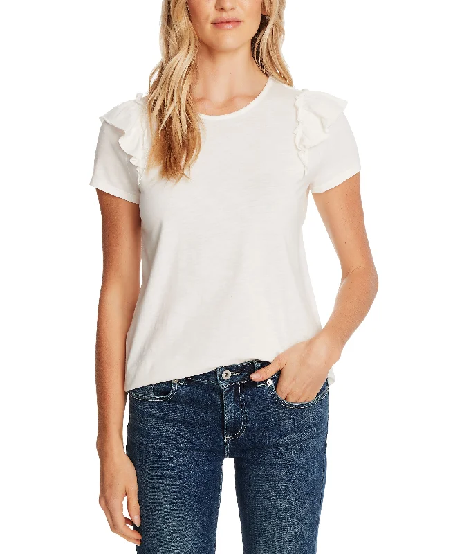 Women's Short Sleeve Double-Ruffle Crew Neck Knit Top Classic Knit Tee