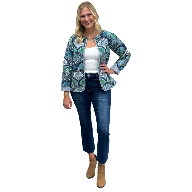 The Madeline Reversible Quilted Jacket in Multi Green Blue Cotton Wool Fabric Cashmere Fabric Tweed Fabric