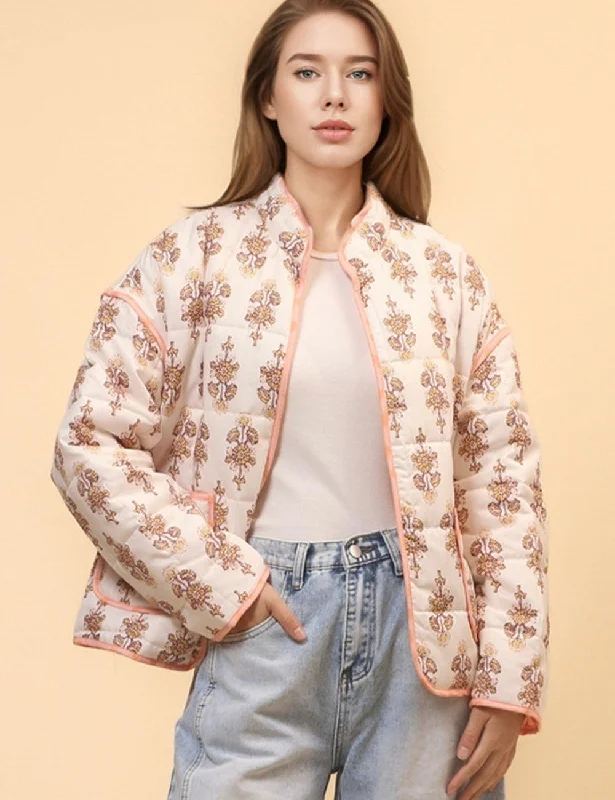 Ladies Floral Printed Cotton-Padded Jacket SKT4662 Front Pockets Side Pockets Patch Pockets