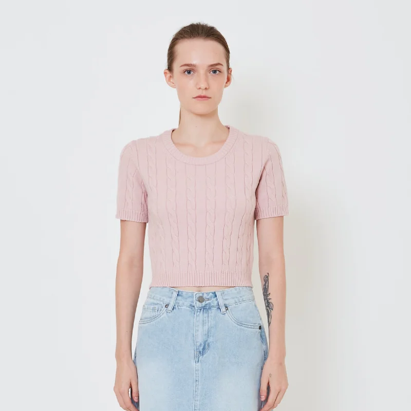 Women Cable Knit Top - Pink - SW2411193B Women's Knit Top