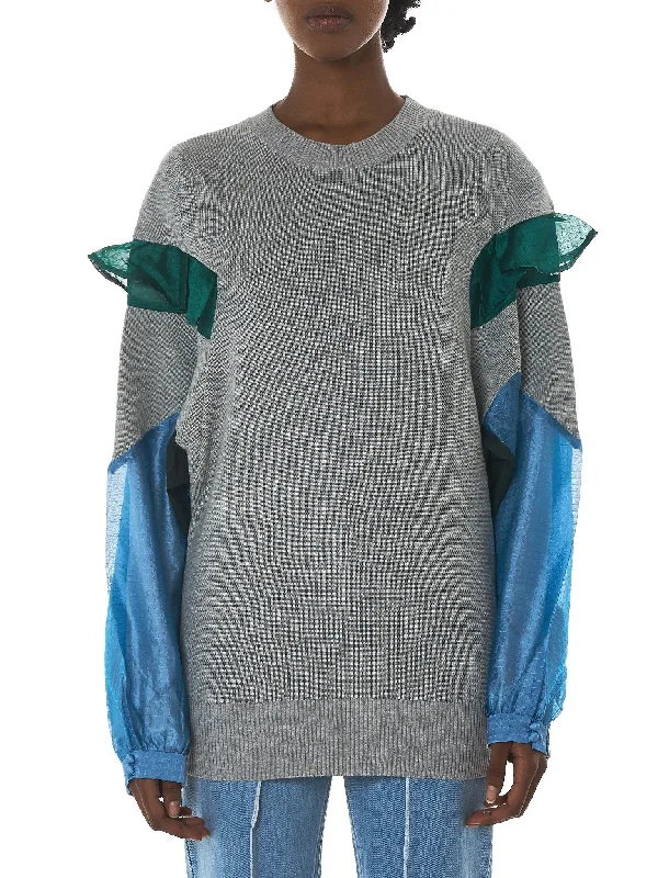 Ruffled Panel Crewneck Pullover (18-03804-LGRAY-GREEN-LBLUE) Asymmetrical Neck Pullover