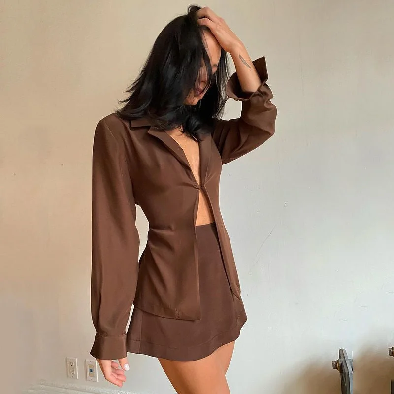 Wjczt Women's summer new solid color suit sexy OL light mature hot girl cardigan buttoned blouse high waist skirt Mesh Blend Leather Blend Suede Blend