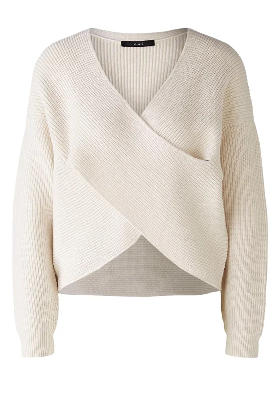 Oui Cross Over Front Rib Knit Top, Off-White Casual Weekend Knit Top