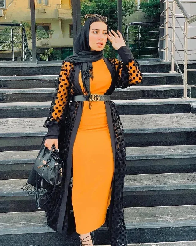 Middle East Apparel Women's Cross-border Polka Dot Perspective Cardigan Long Shawl Open Front Abaya Kimono Abaya for Dubai Turkey Women Two piece Chenille Fabric Brocade Fabric Lace Fabric