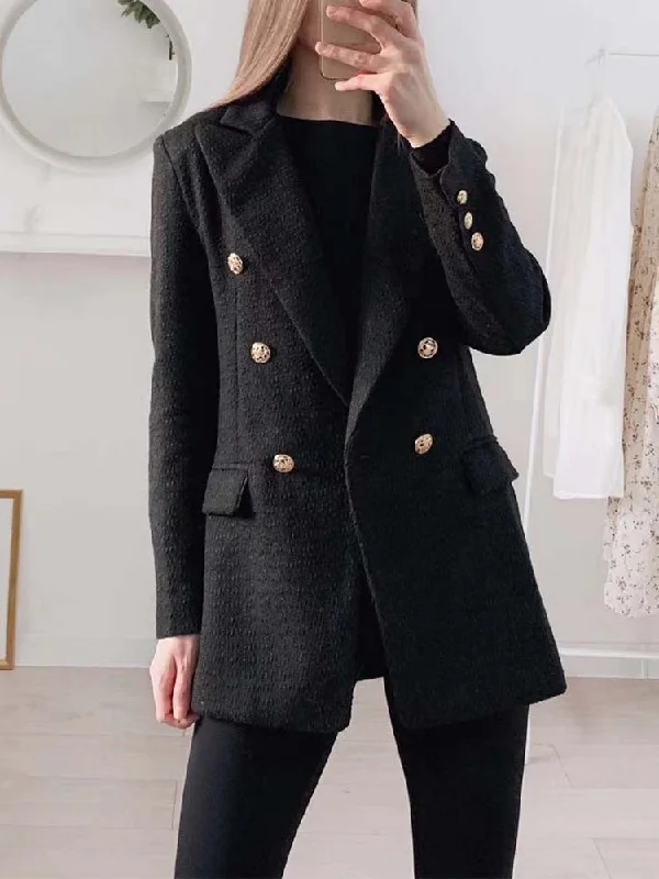 Wjczt Blazer Women 2022 Fashion Metal Double Breasted Woollen Blazers Coat Vintage Long Sleeve Female Outerwear Chic Tops Women's Casual Suit Wjczt Blazer Women 2022 Fashion Metal Double Breasted Woollen Blazers Coat Vintage Long Sleeve Female Outerwear Chic Tops Women's Casual Suit