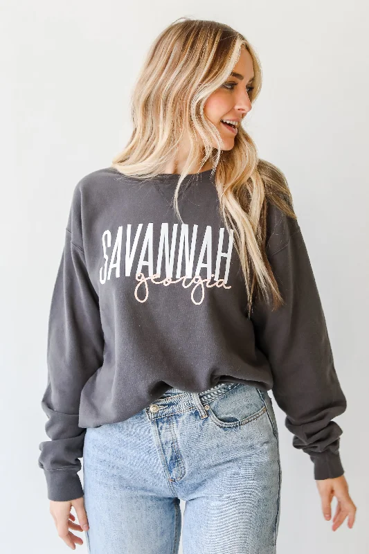 Charcoal Savannah Georgia Script Sweatshirt Hoodie with Applique Textured Unique
