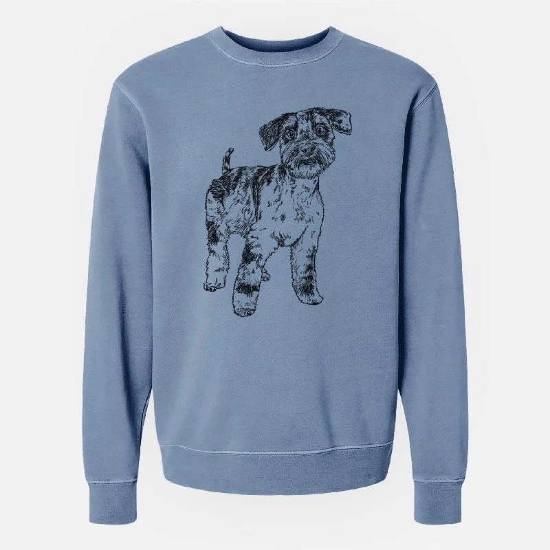 Doodled Oliver the Blue Merle Mini Schnauzer - Unisex Pigment Dyed Crew Sweatshirt Hoodie with Hem Lace Feminine Delicate