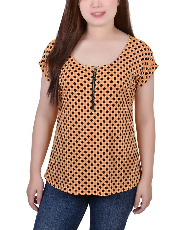 Petite Size Short Sleeve 1/2 Zip Knit Top Modern Knit Blouse