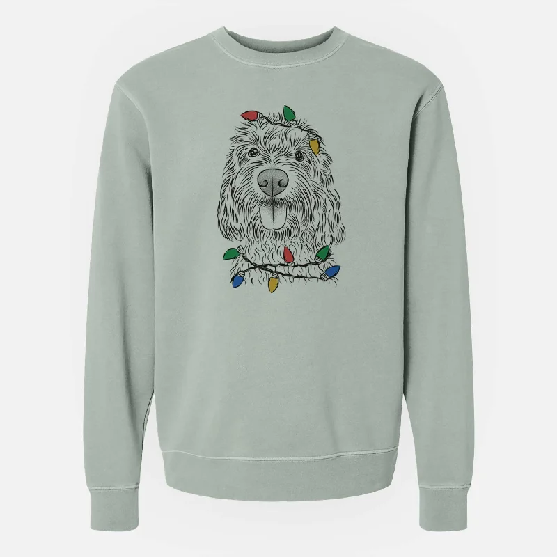 Christmas Lights Clover the Cockapoo - Unisex Pigment Dyed Crew Sweatshirt Hoodie with Color Block Contrast Stylish