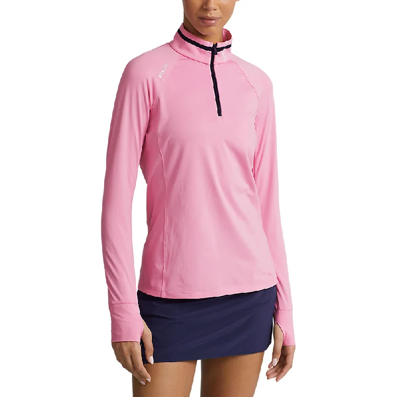 RLX Ralph Lauren Women's Jersey Quarter Zip Golf Pullover - Pink Flamingo/French Navy Surplice Neck Pullover