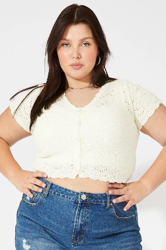 White Crochet Knit Cardigan Short Sleeve Embroidered Appliqued Beaded