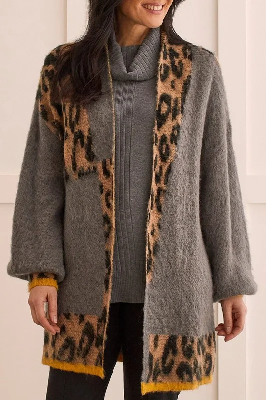 Tribal Animal Color Block Cardigan Boat Neck Shawl Collar Notched Collar