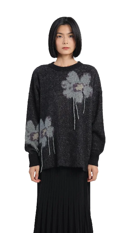 Flower Pattern Pullover Ruffled Neck Pullover