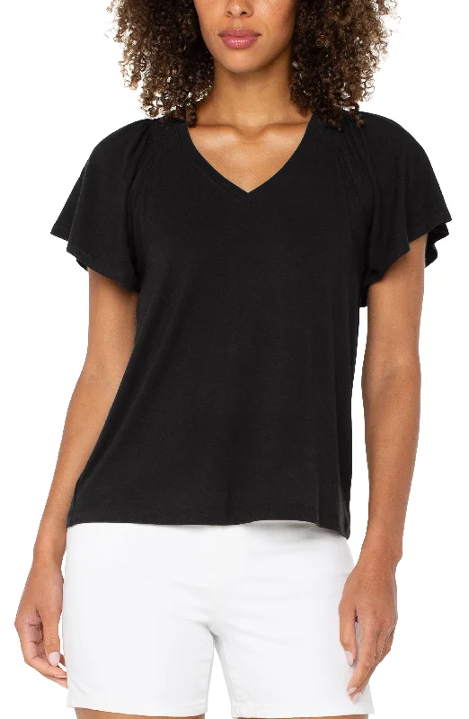 FLUTTER SLEEVE KNIT TOP Patterned Knit Tee