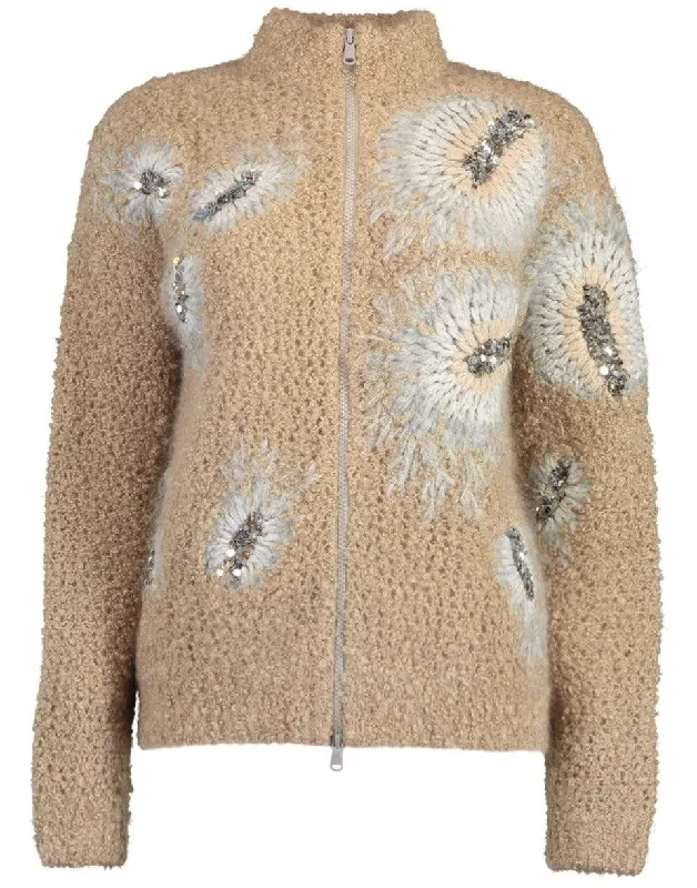 Paillette Embroidered Zip Opera Cardigan Houndstooth Herringbone Solid
