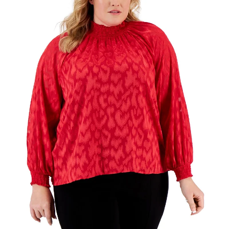 Plus Womens Textured Smocked Pullover Top Ruffle Neck Pullover