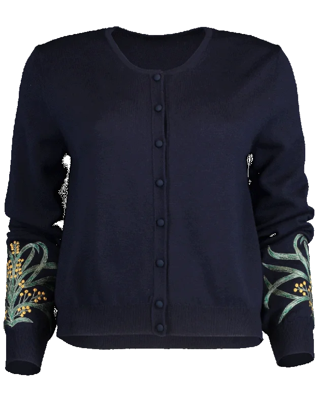 Mimosa Embroidered Crewneck Cardigan Faux Fur Fabric Real Fur Fabric Shearling Fabric