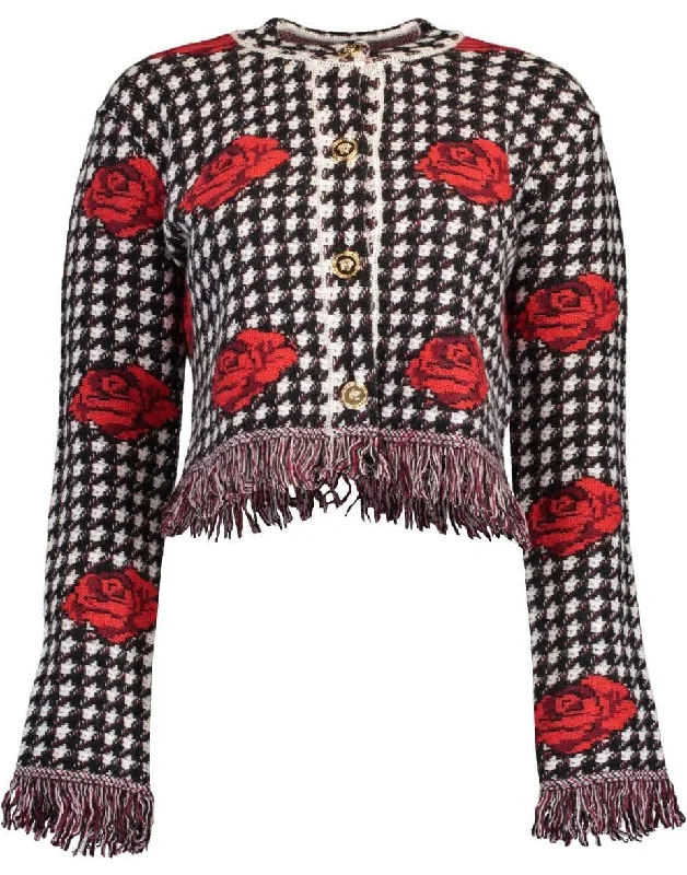 Embroidered Roses Wool Cardigan Zippered Front Buttoned Front Snap Front