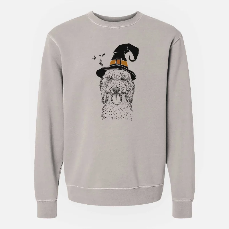 Witch Pavlov the Goldendoodle - Unisex Pigment Dyed Crew Sweatshirt Hoodie with Applique Textured Unique