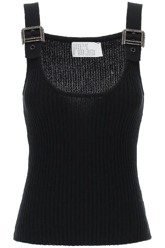 "knit top with rhinestone buck 02SSKNT305 02079 BLACK Solid Color Knit Top