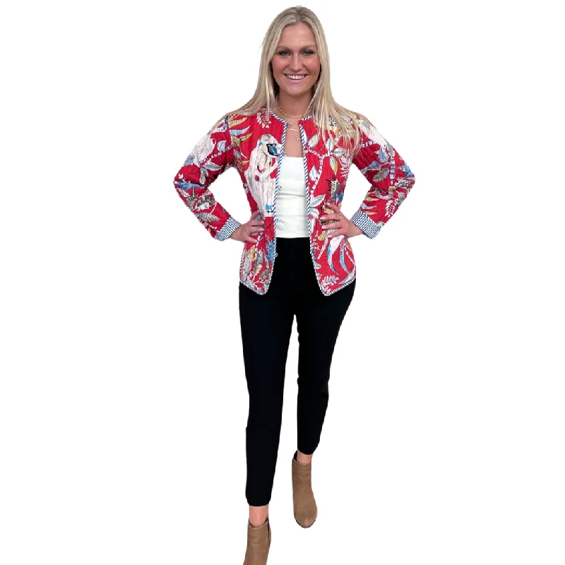 The Madeline Reversible Quilted Jacket in Scarlett Monkey Hand-Blocked Floral Belted Jacket Elasticated Jacket Padded Jacket